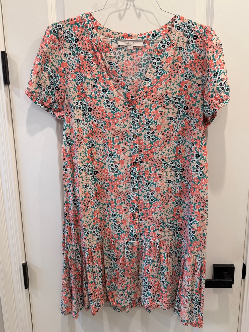Loft Floral Button-Front Pink & Teal Short Sleeve Dress